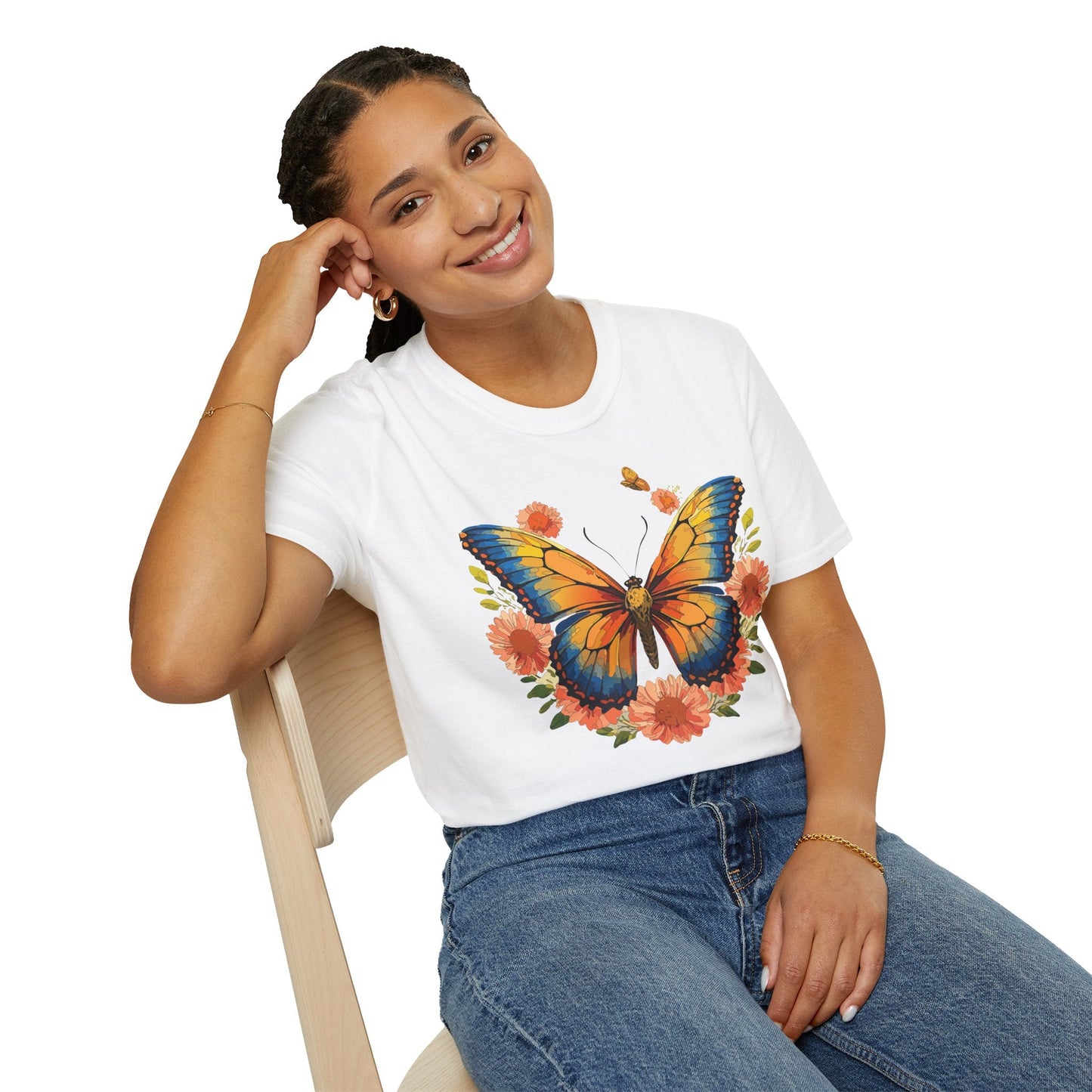 Butterfly T Shirt Unisex Softstyle Gildan 64000 Monarch Print 100 Percent Ring Spun Cotton