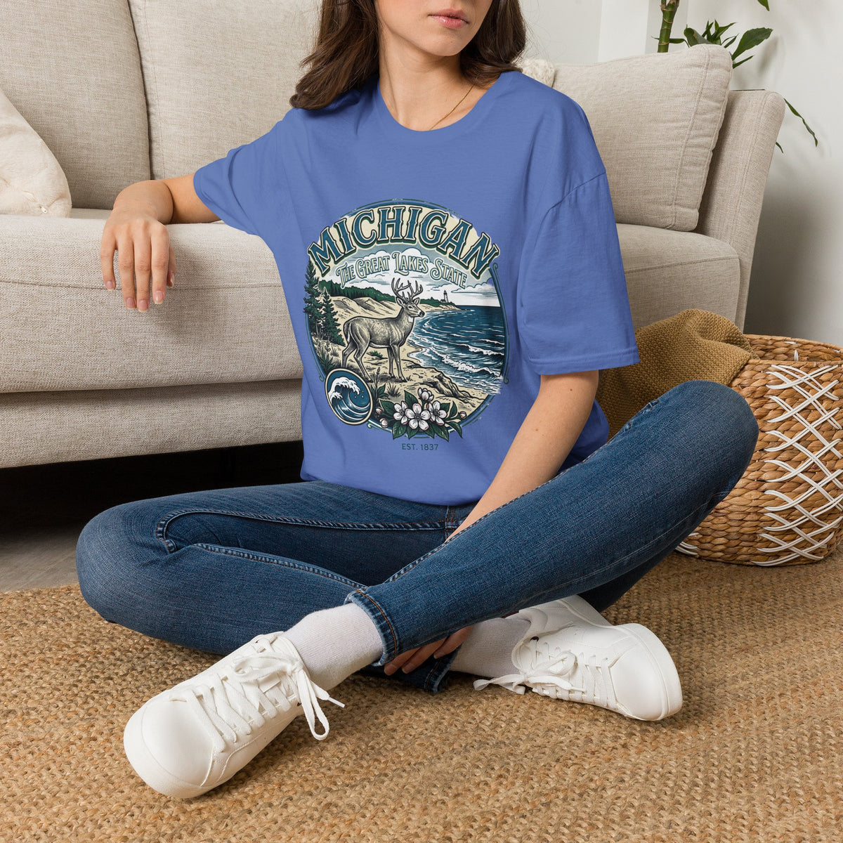 Michigan Deer Scenic T-Shirt — Vintage Great Lakes Travel Tourist Graphic Design Unisex 100 Cotton Gildan T-Shirt