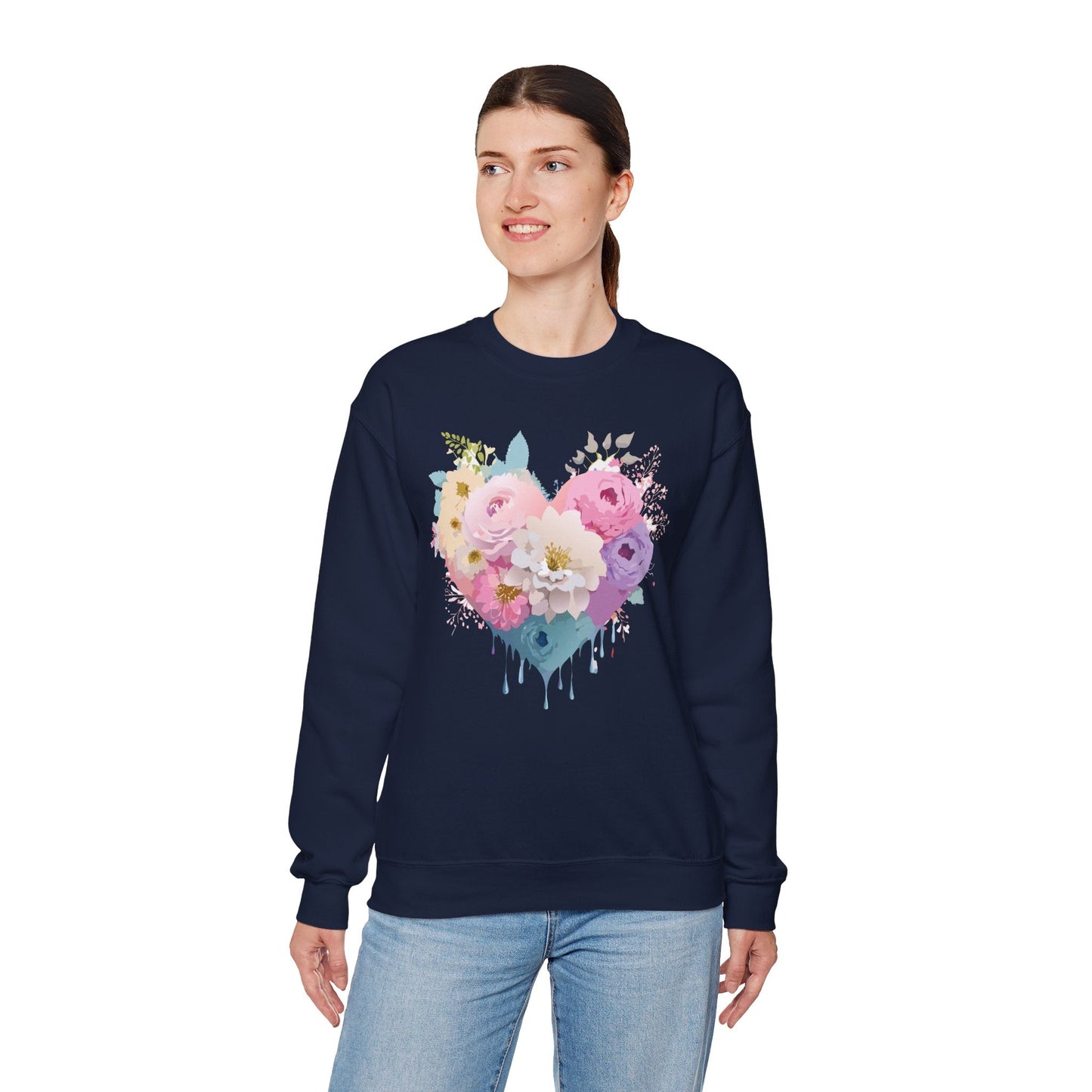 Floral Heart Unisex Crewneck Sweatshirt With Floral Love Valentines Day Design Premium Heavy Blend