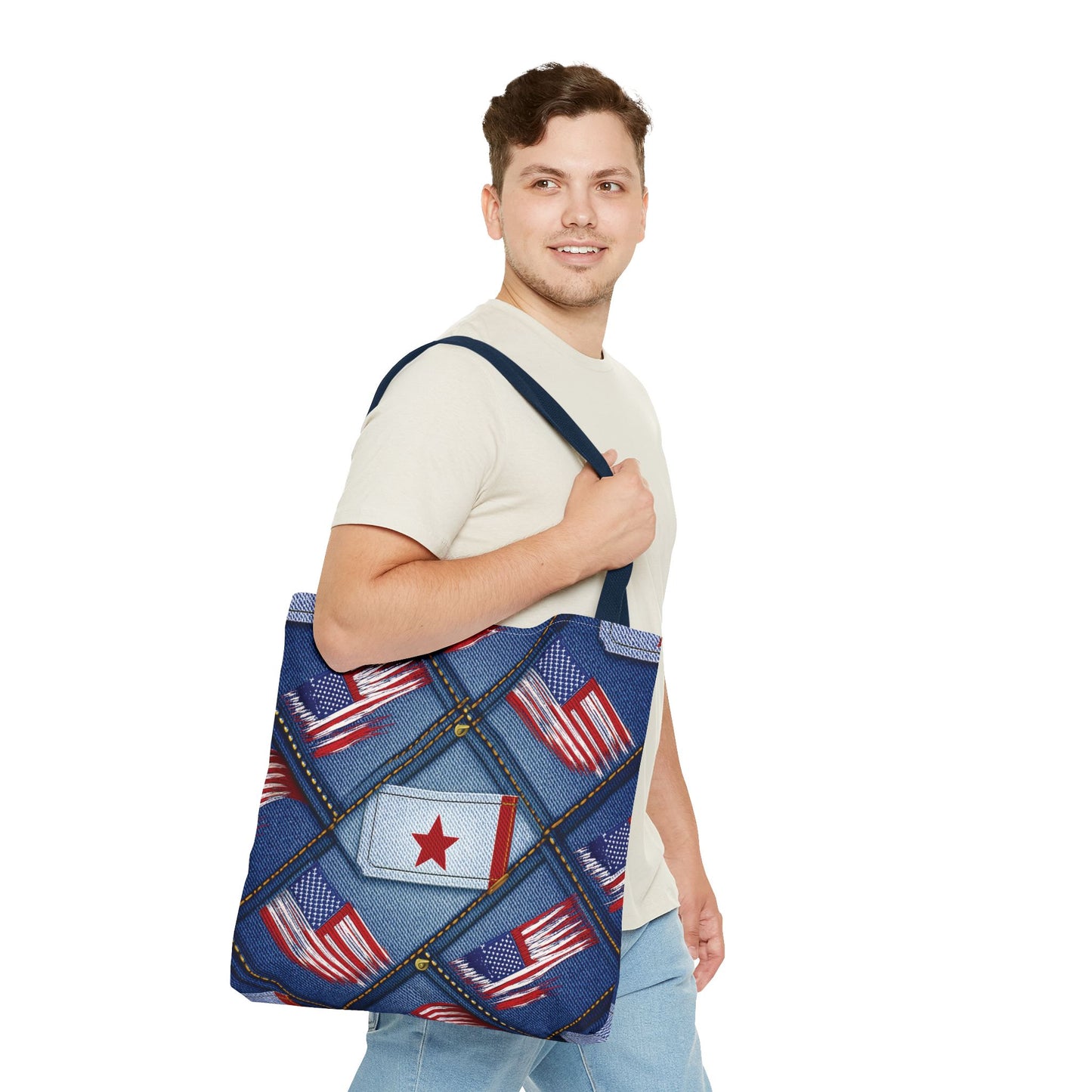 4th of July Graphic Denim Fabric Imitation Print Unisex Canvas Bag Poly Spun 3 Sizes Tote Bag 200-7
