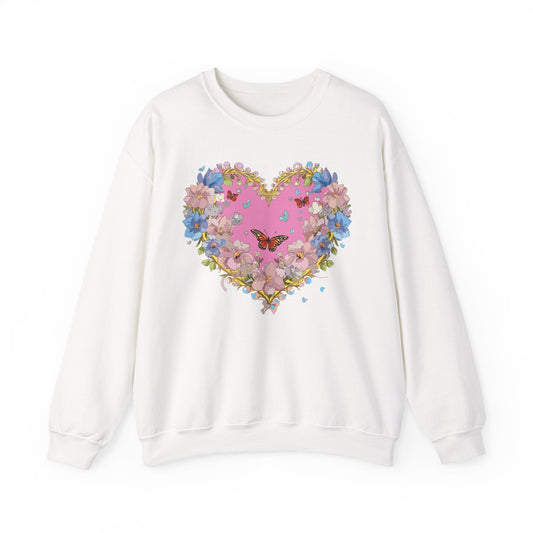 Floral Heart Sweatshirt Unisex Crewneck Gildan 18000 Fifty Fifty Cotton Polyester Valentine's Day