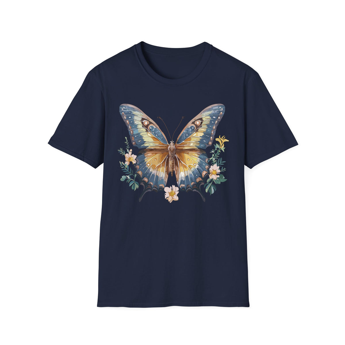 Golden Blue Butterfly T-Shirt | Botanical Accent Graphic Tee Unisex 100 Cotton Gildan T-Shirt