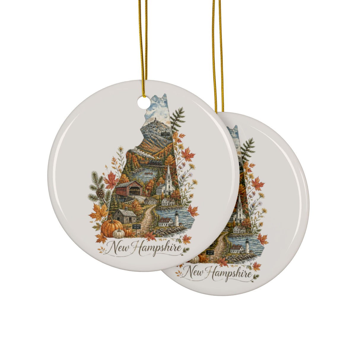 New Hampshire State Illustration Ornament | Ceramic Round Holiday Decor - 2.99" Includes Gold String