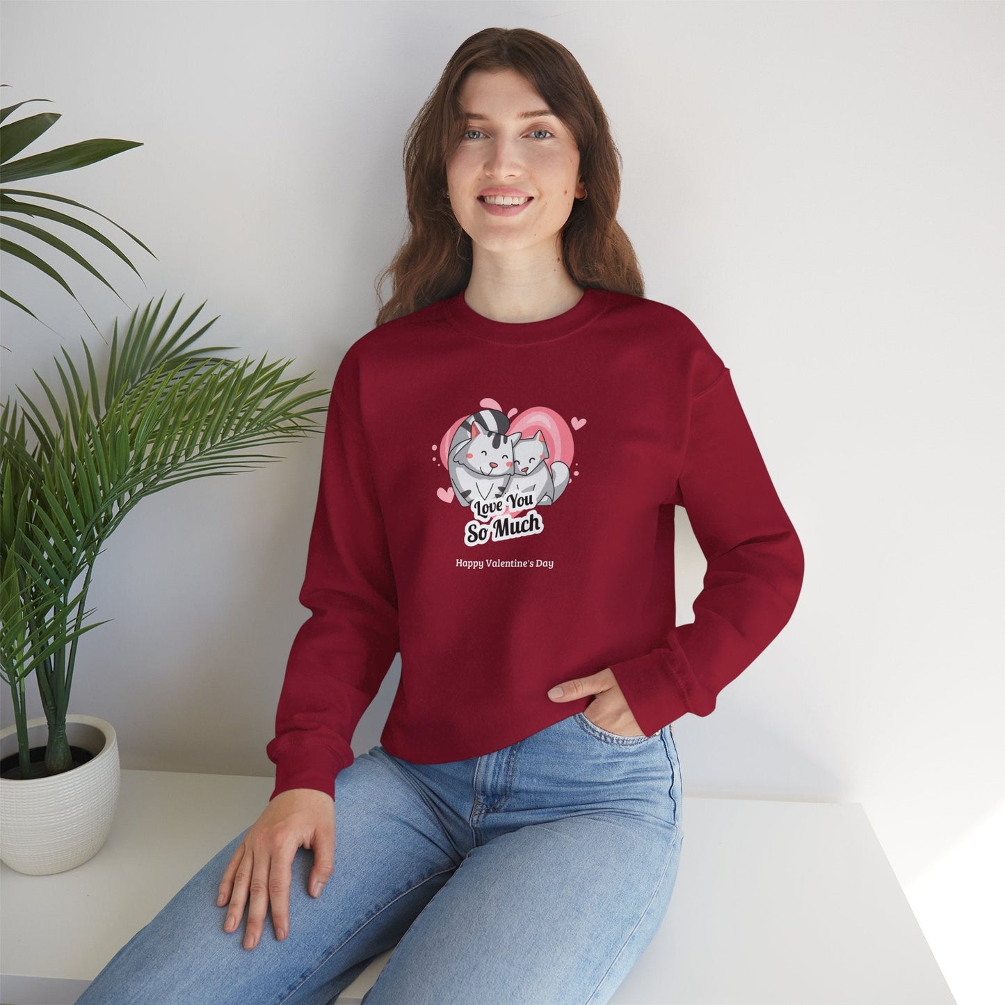 Cat Heart Sweatshirt Valentines Day Unisex 50 50 Cotton Poly Crewneck Gildan 18000