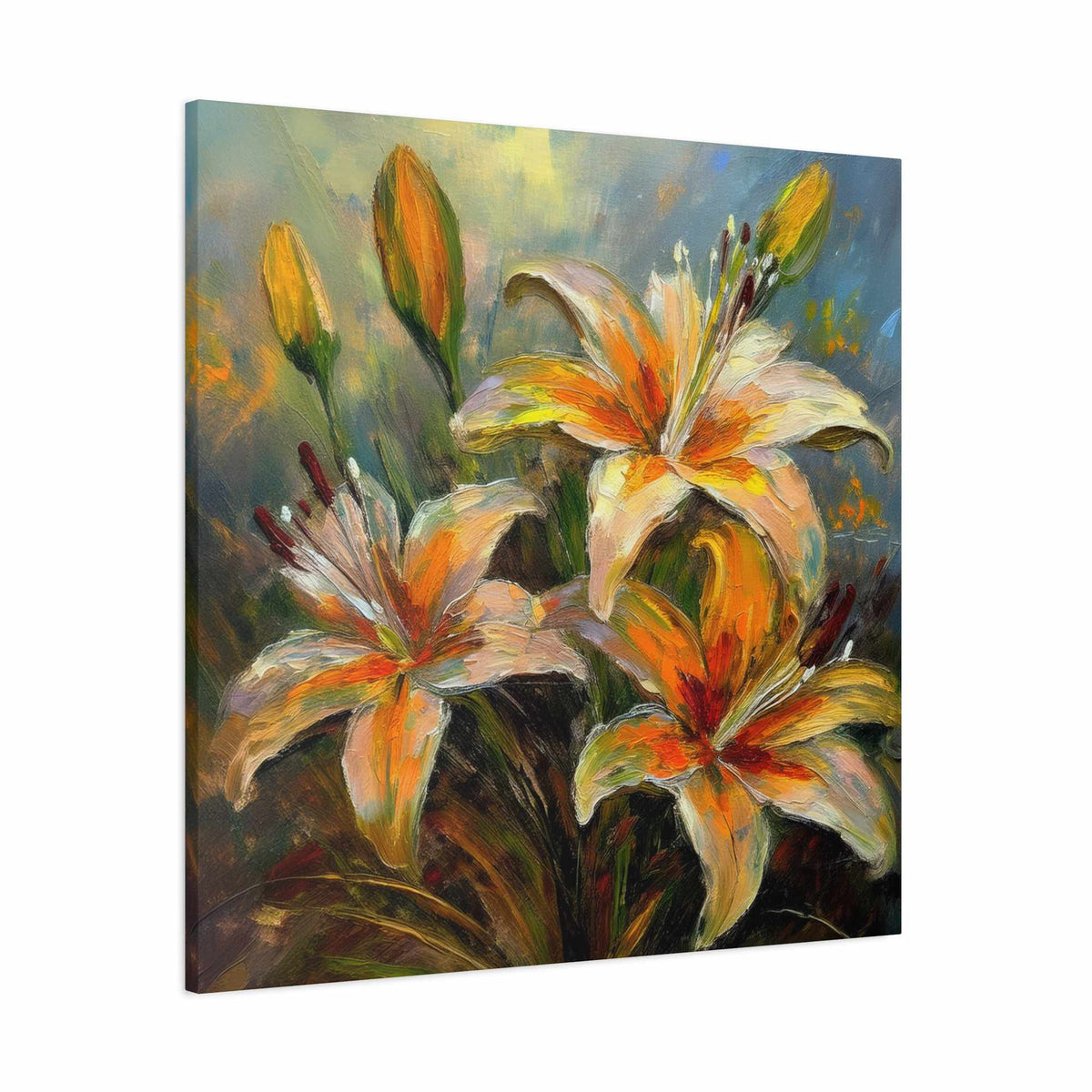 Gold Lilies Print Canvas, Floral Oil Paint Print 20x20, 24x24, 30x30, 32x32, 36x36 Art Design Pine-Wood Inner Frame MC-152