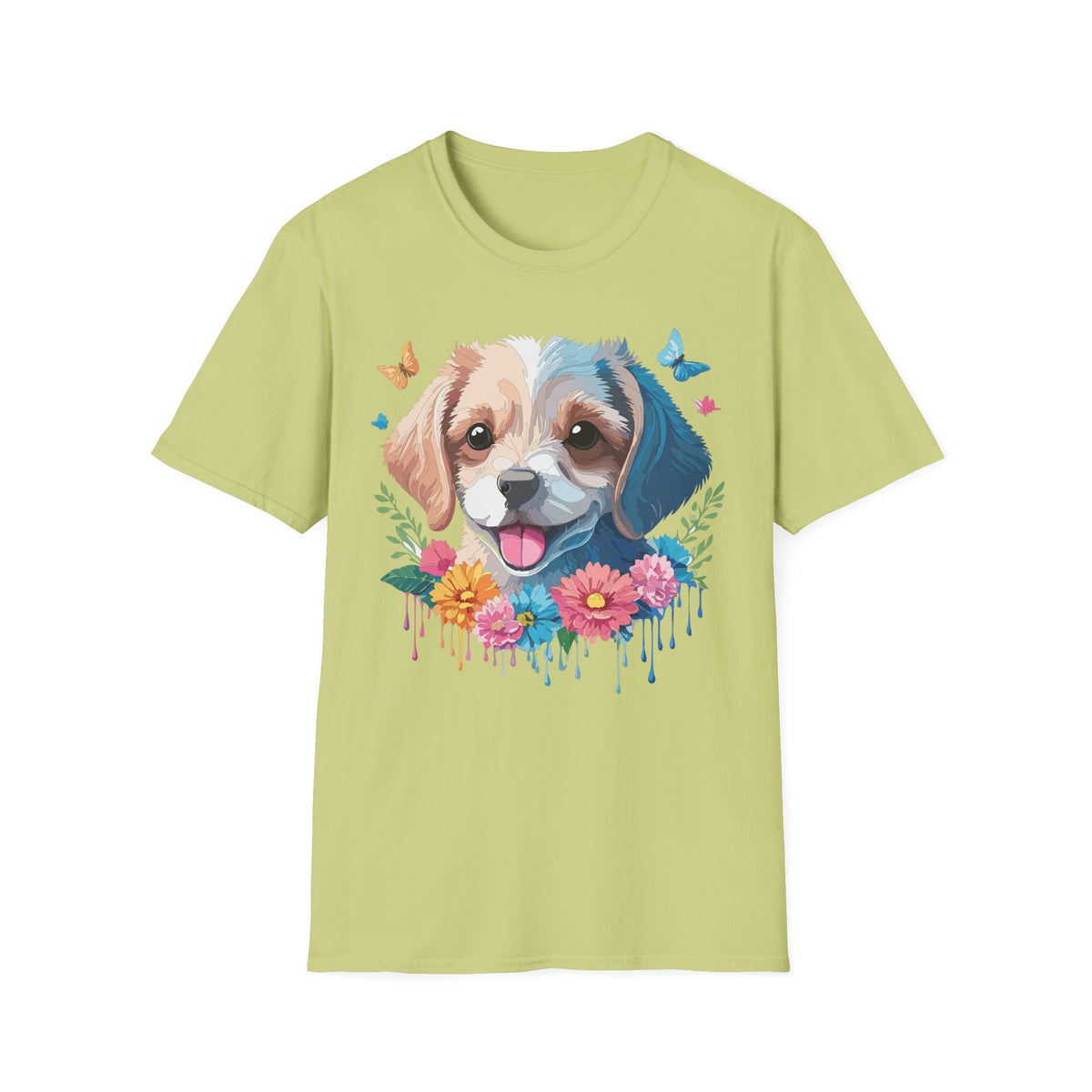 Happy Puppy Face T-Shirt | Cute Dog Portrait, Flowers & Butterflies