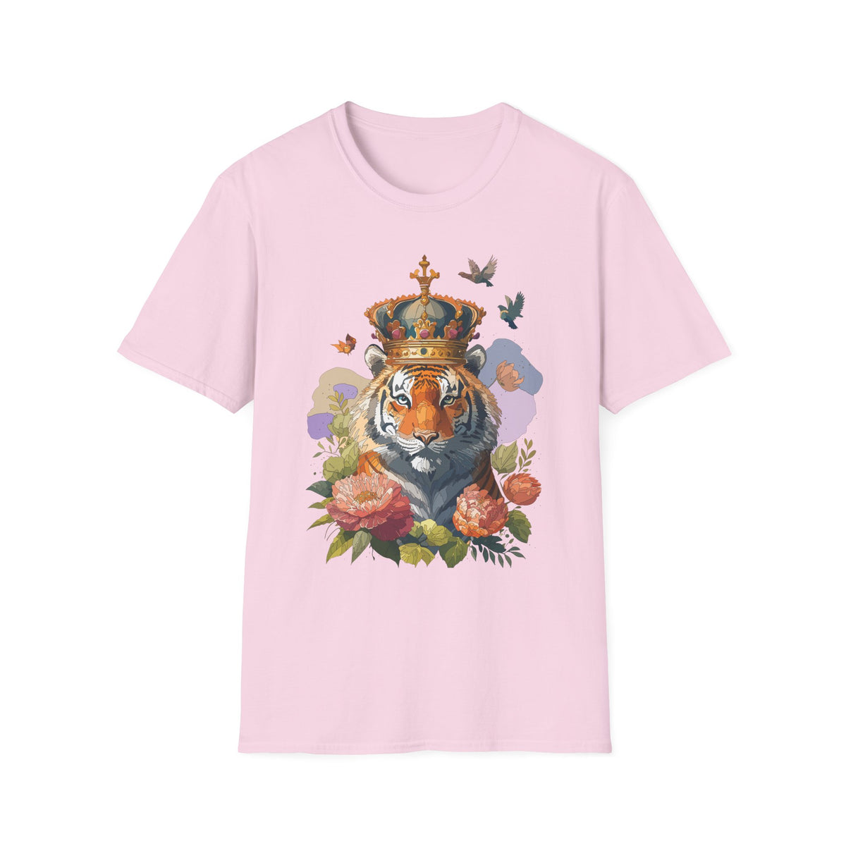 Crowned Tiger Illustration T-Shirt | Floral, Birds, Regal Wildlife Art - Unisex 100 Cotton Gildan 64000