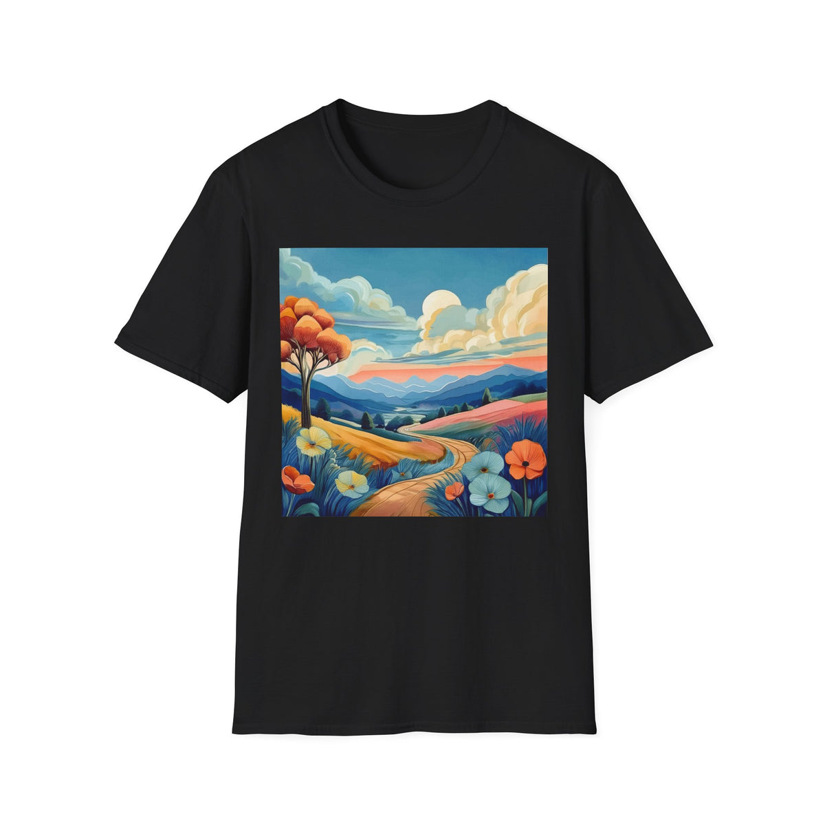 Colorful Mountain Landscape Graphic Posters, Post Stamps Design Unisex 100 Cotton Gildan T-Shirt