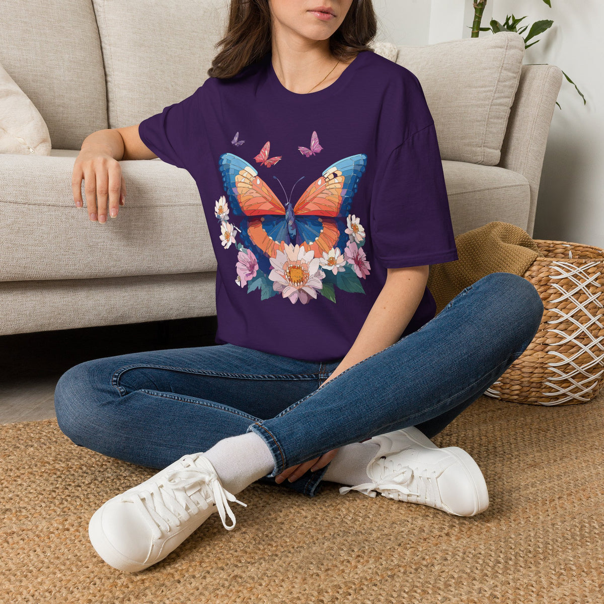Butterfly Floral T-Shirt – Vibrant Orange & Blue Butterfly with Flowers Graphic Tee Unisex 100 Cotton Gildan T-Shirt