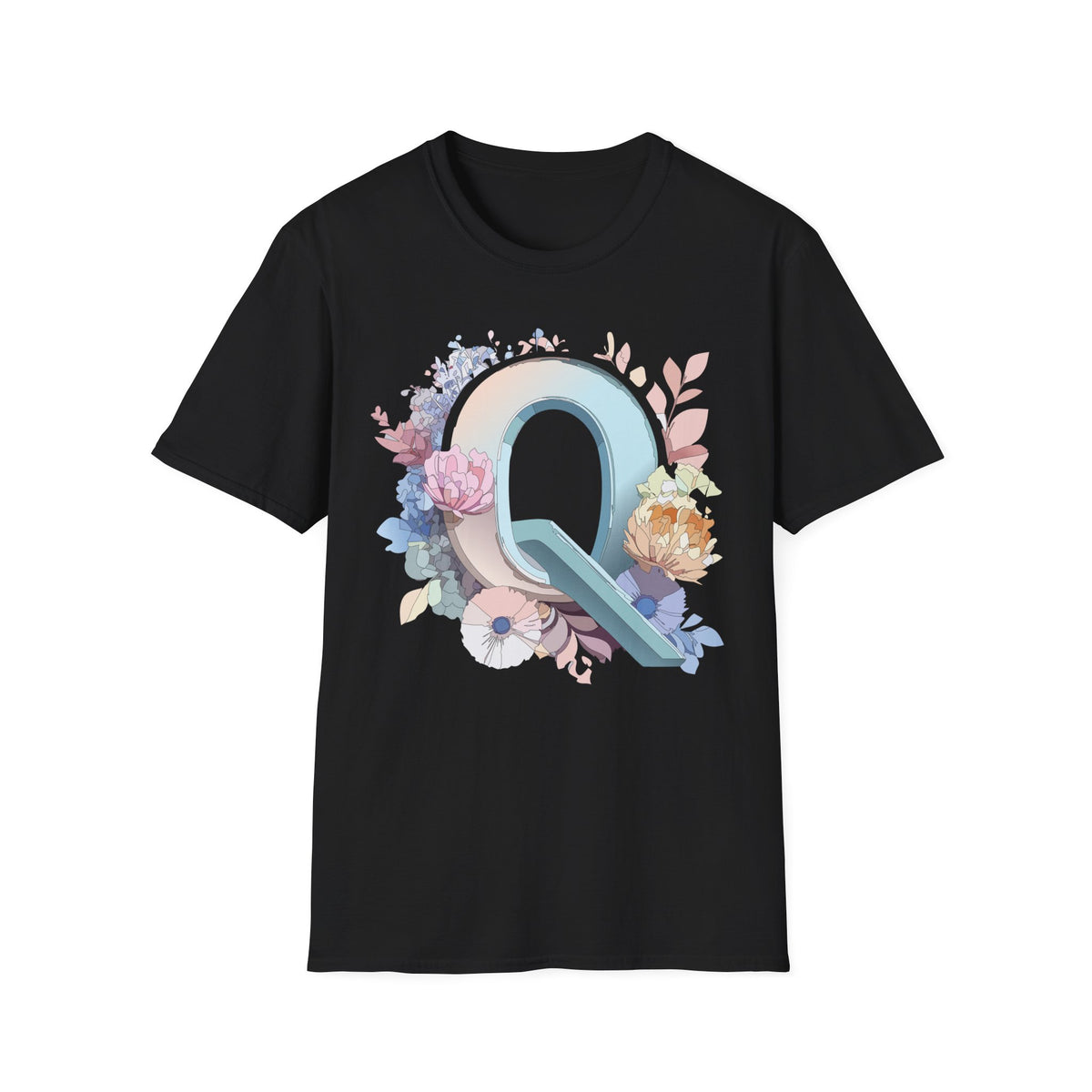 Floral Letter Q T-Shirt | Monogram Initial Tee, Pastel Botanical Alphabet