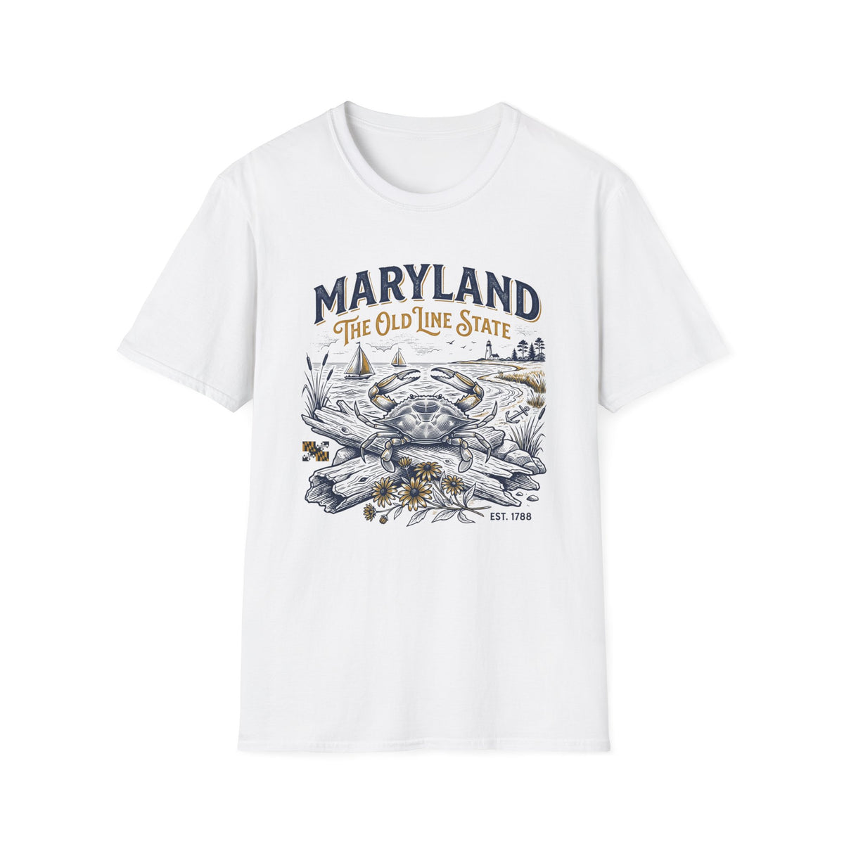 Maryland Crab T-Shirt — Maryland The Old Line State Vintage Coastal Travel Tourist Graphic Design Unisex 100 Cotton Gildan T-Shirt