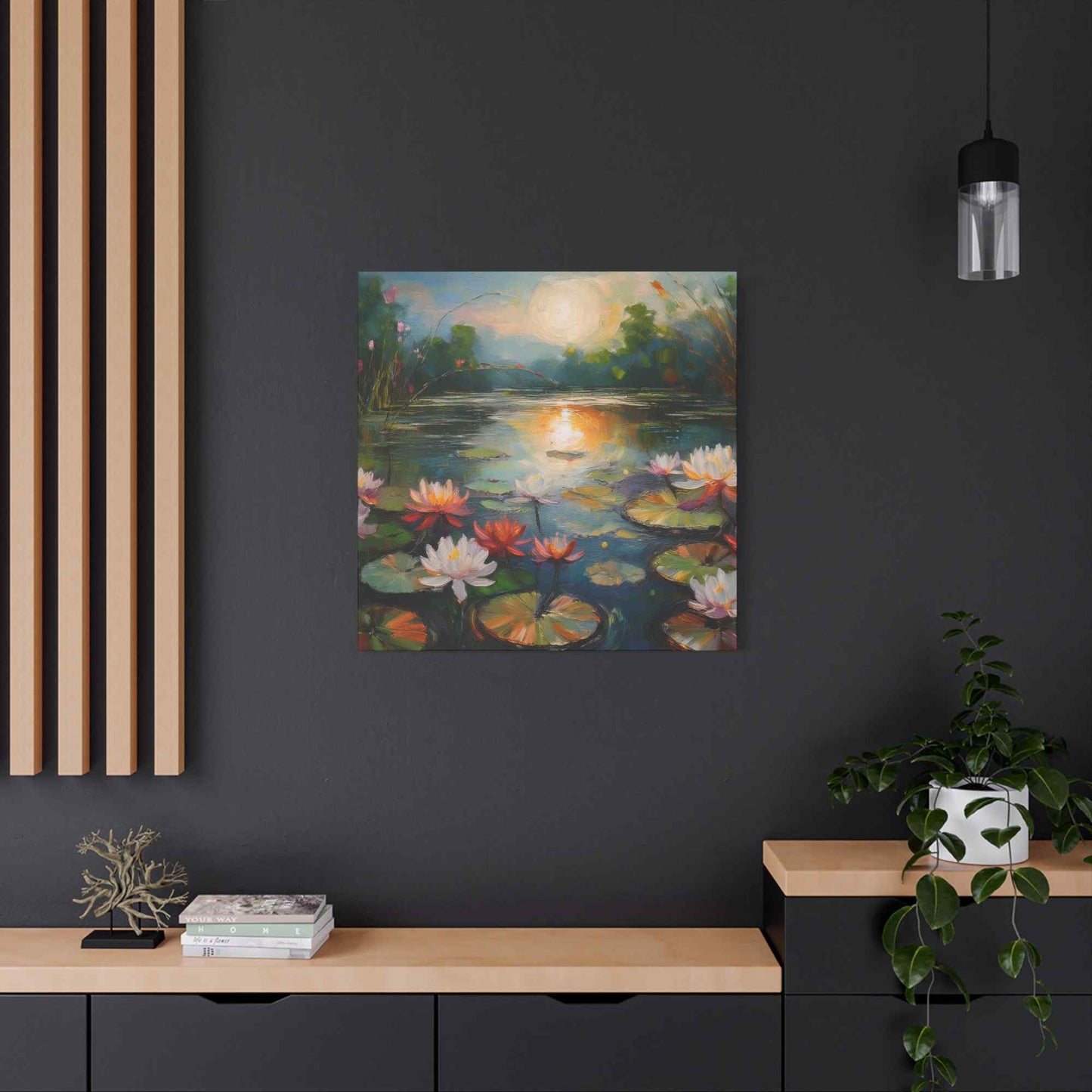 Water Lilies Print Canvas, Oil Paint Print 20x20, 24x24, 30x30, 32x32, 36x36 Floral Art Print Pine-Wood Inner Frame MC-66