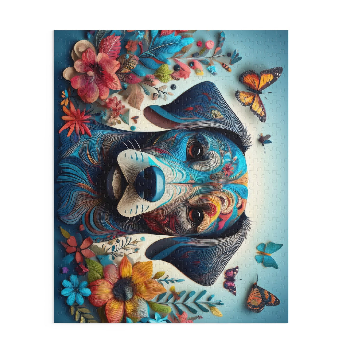 Cute Blue Dog Face Puzzle 500-Piece | Floral Dog Puzzle 500-Piece Ages 9+