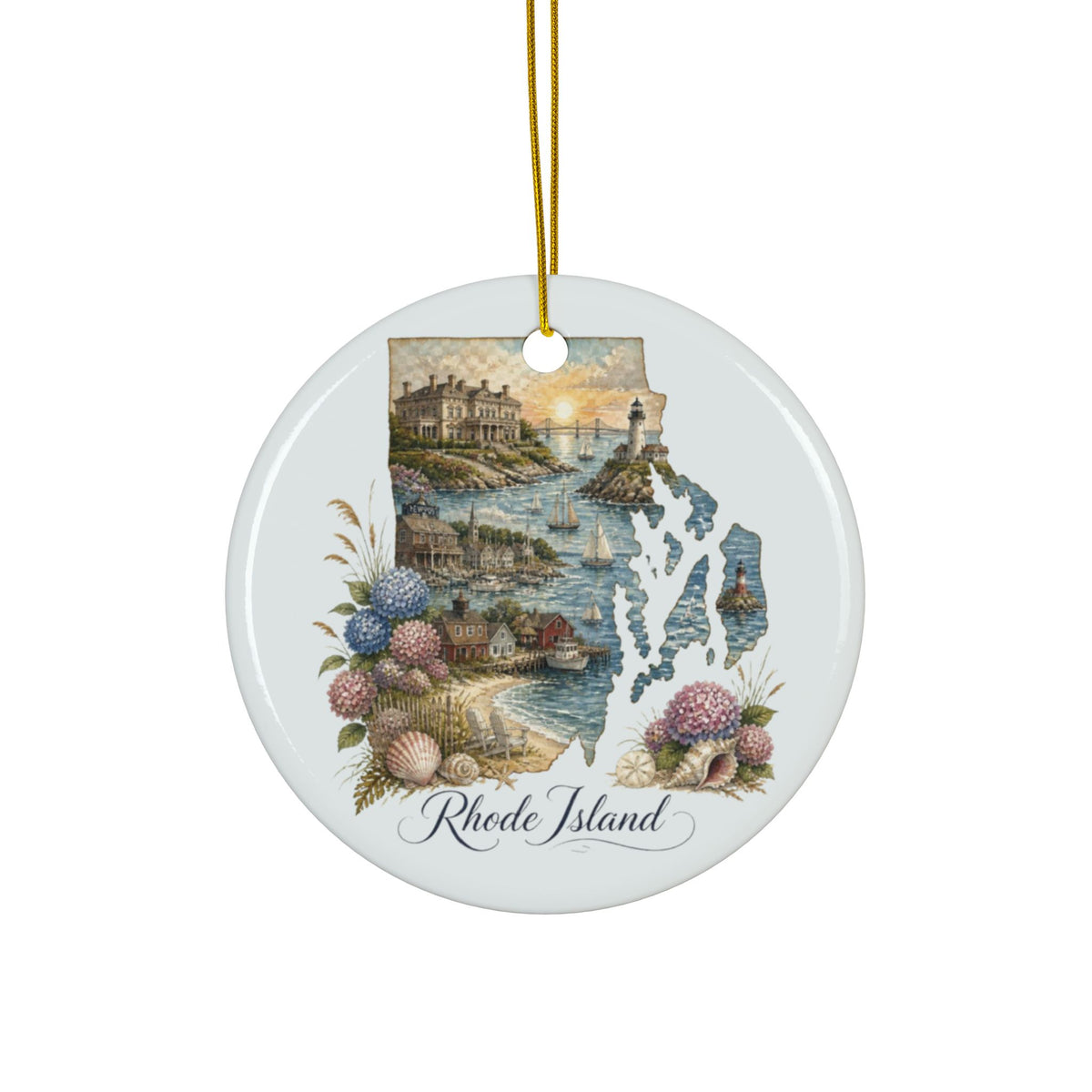 Rhode Island Scenic Map Ceramic Ornament | Coastal Shells Two-Sided - 2.99" Includes Gold String