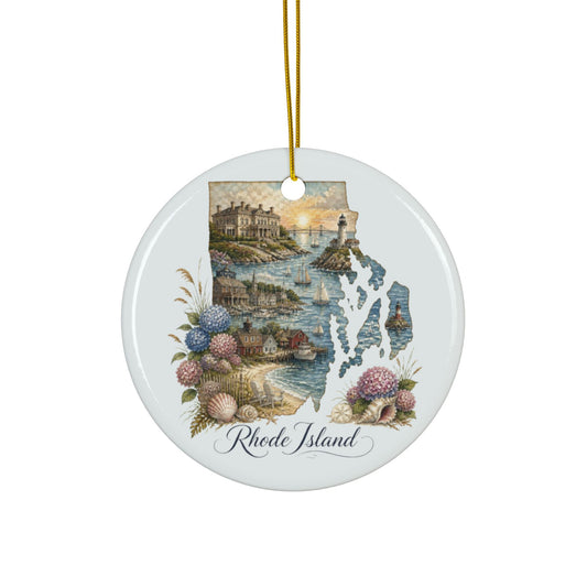 Rhode Island Scenic Map Ceramic Ornament | Coastal Shells Two-Sided - 2.99" Includes Gold String