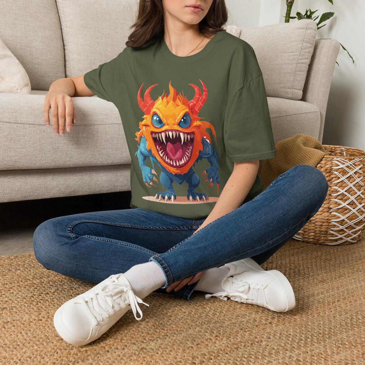 Monster T-Shirt — Colorful Fierce Creature Cartoon Graphic Tee Unisex 100 Cotton Gildan T-Shirt