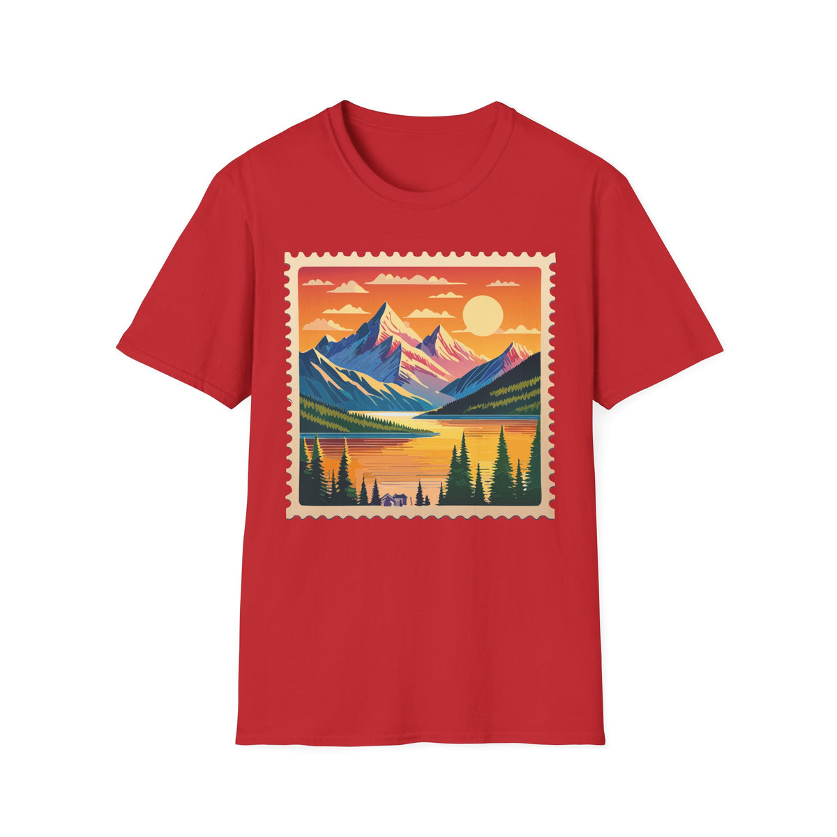 Sunset Mountain Landscape T-Shirt | Vintage Stamp Style