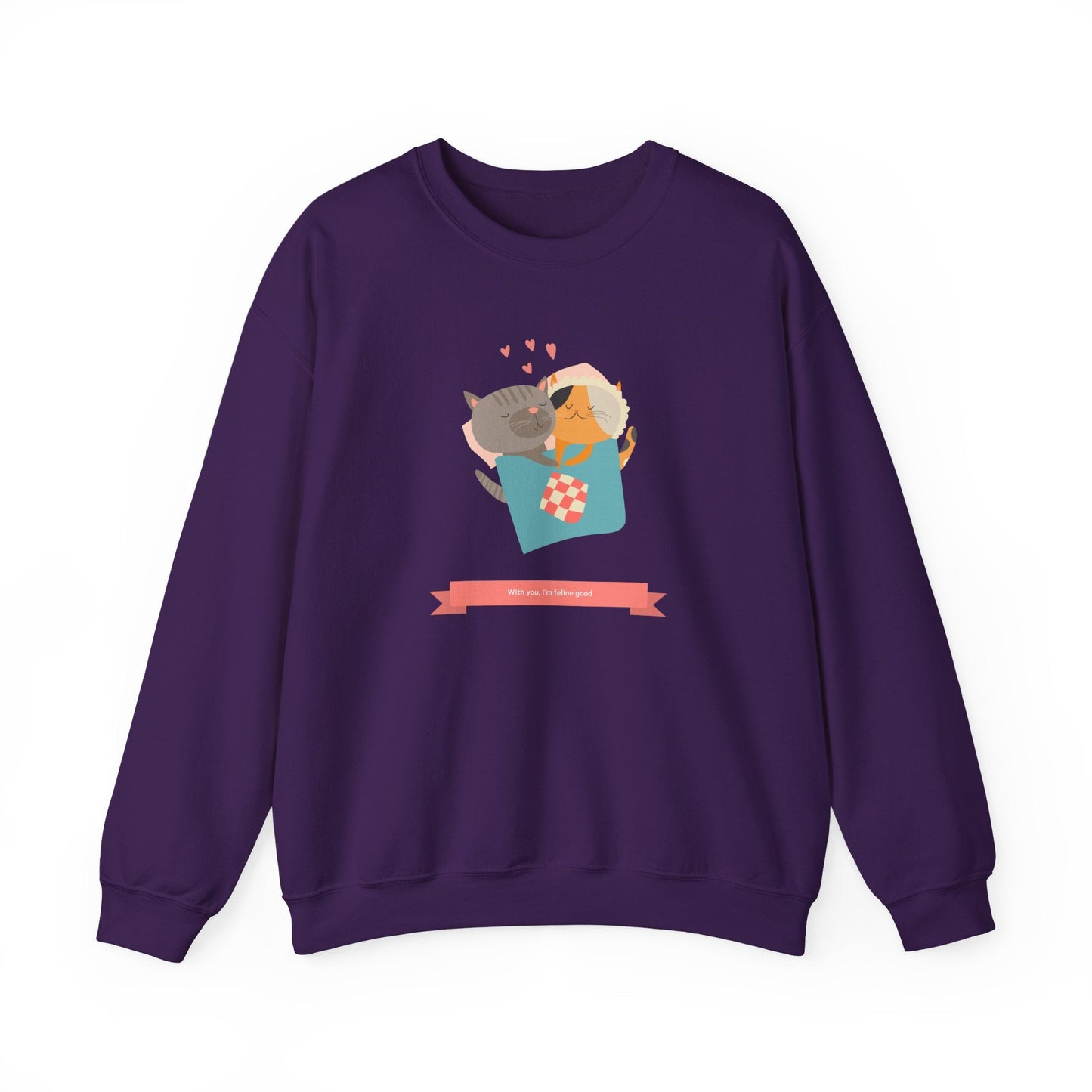Cat Heart Sweatshirt Unisex Valentines Day 50 50 Cotton Poly Crewneck Gildan 18000