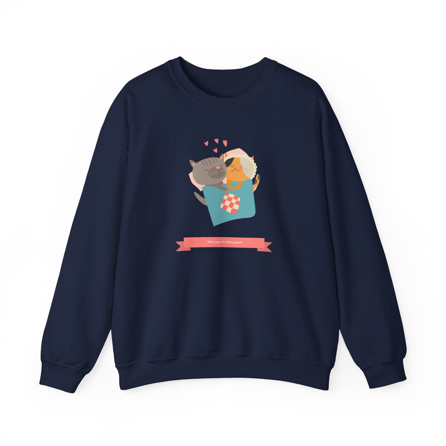 Cat Heart Sweatshirt Unisex Valentines Day 50 50 Cotton Poly Crewneck Gildan 18000