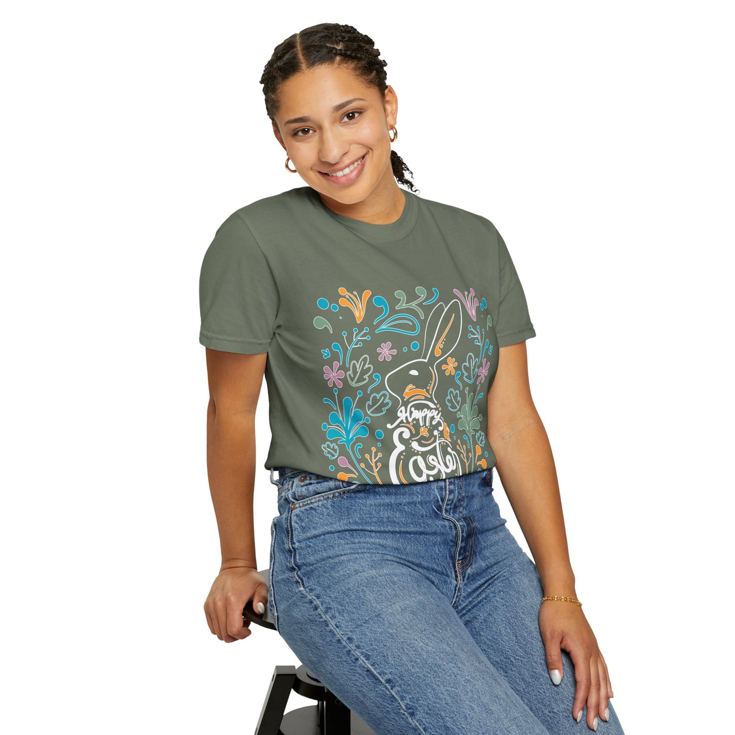 Easter Bunny Floral T-Shirt, Tee Shirt with Easter Signature, T Shirt with Easter Prints, Tee Shirt with Easter Design