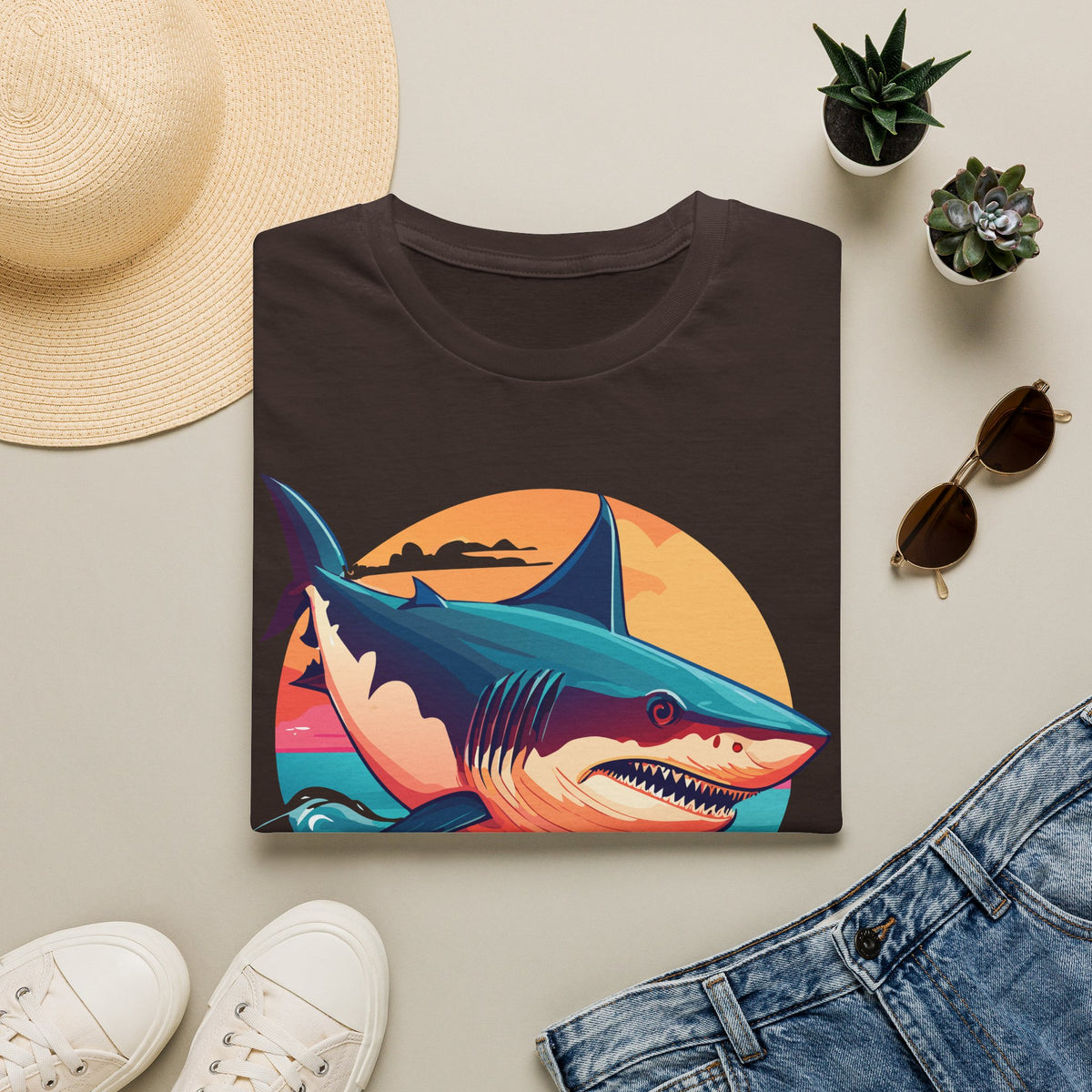 Retro Shark Sunset T-Shirt | Ocean Waves | Coastal Beach Tee