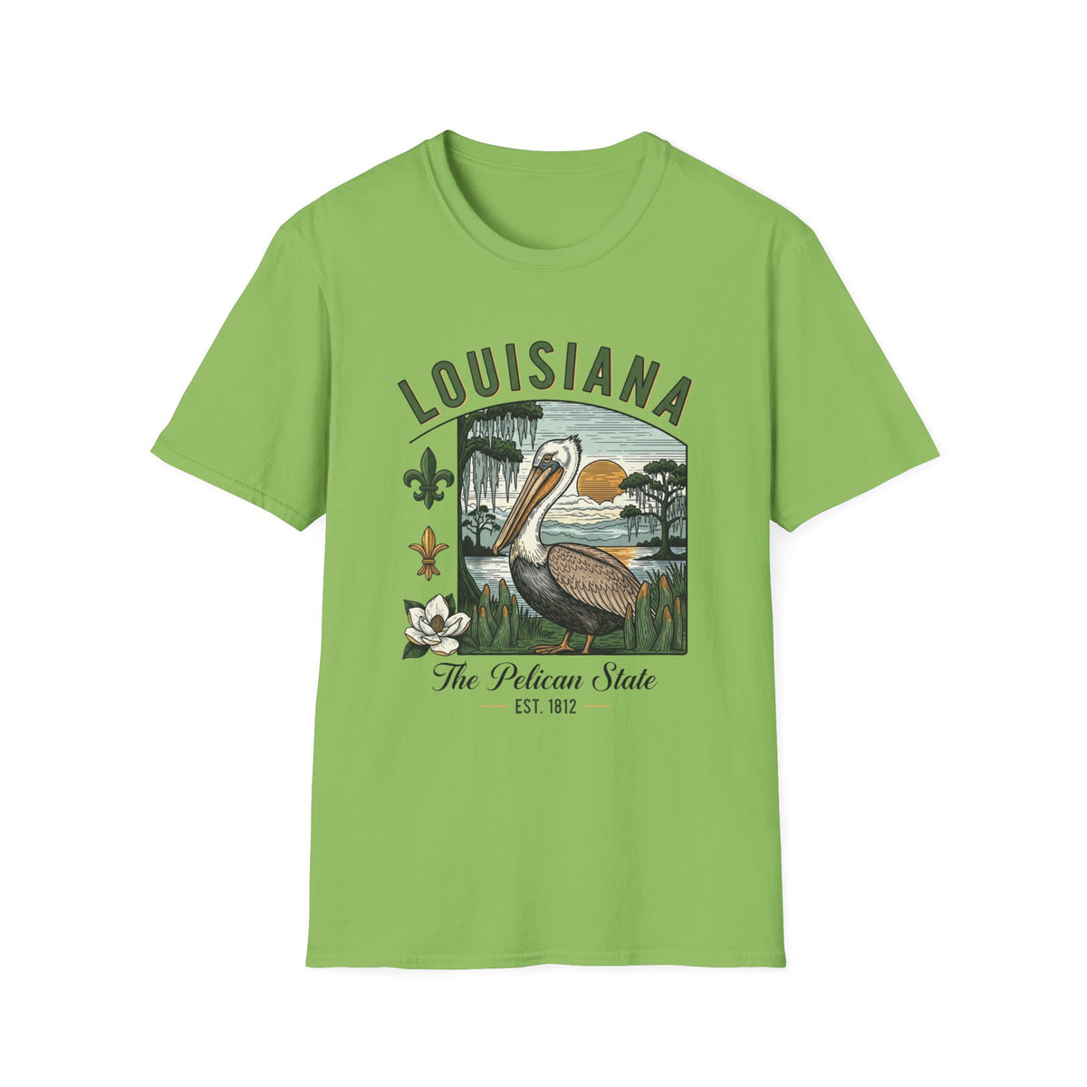 Louisiana Pelican State Graphic T-Shirt — Vintage Bayou Sunset Travel Tourist Graphic Design Unisex 100 Cotton Gildan T-Shirt