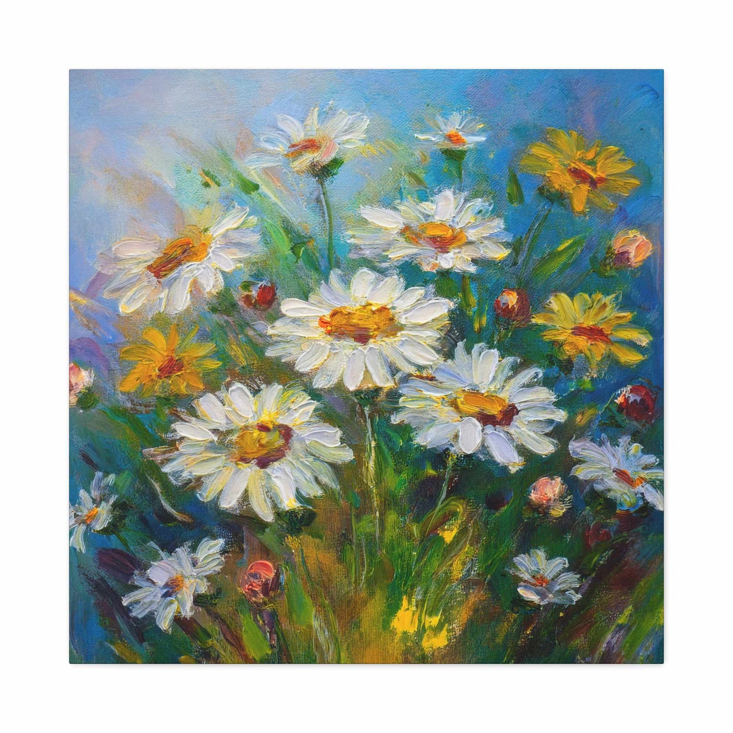 White Daisies Print Canvas, Floral Oil Paint Print 20x20, 24x24, 30x30, 32x32, 36x36 Art Design Pine-Wood Inner Frame MC-128