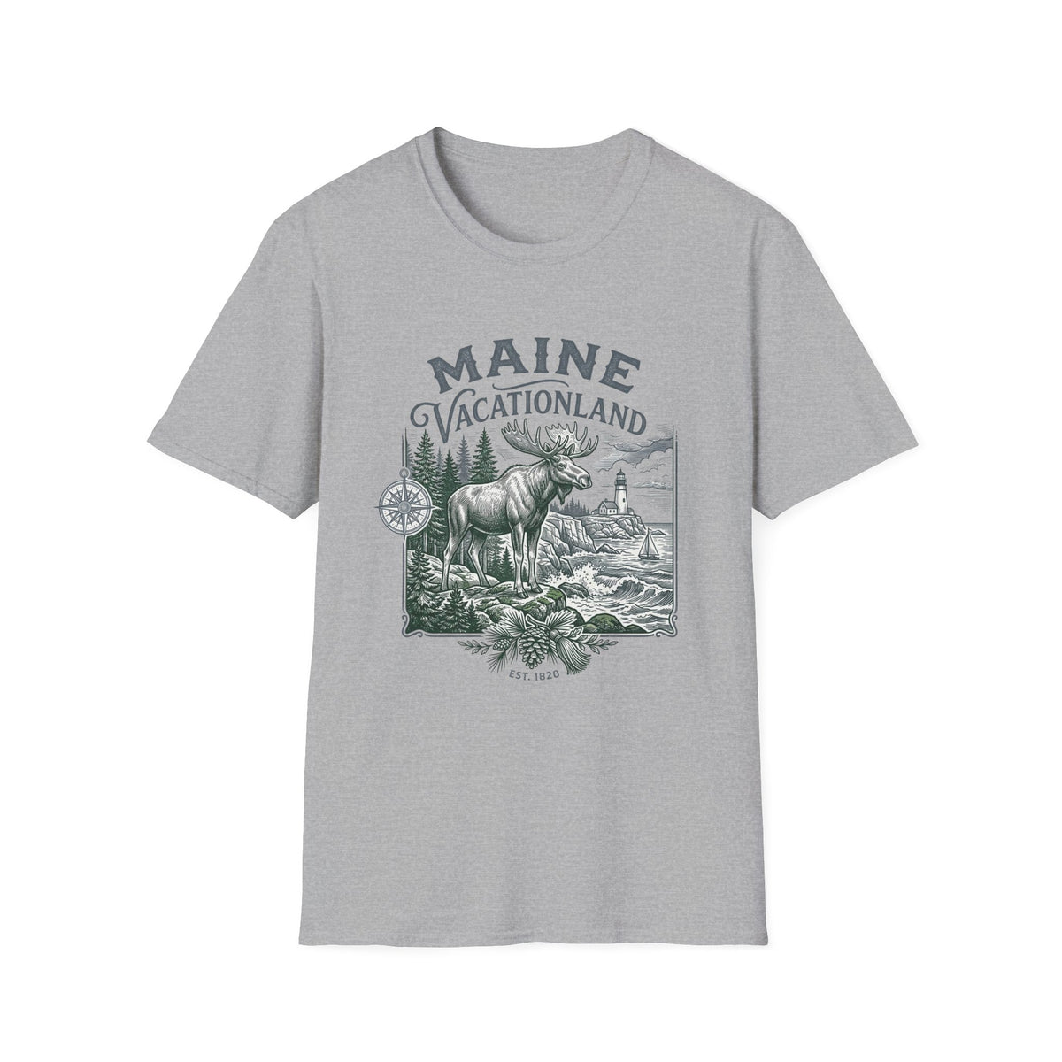 Maine Vacationland T-Shirt – Vintage Moose, Lighthouse State Travel Travel Tourist Graphic Design Unisex 100 Cotton Gildan T-Shirt