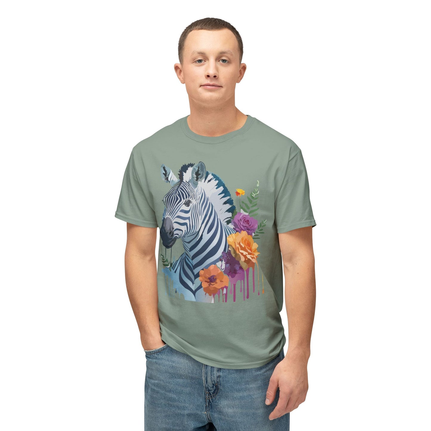 Unisex Zebra T Shirt With Floral Art Print Premium HD Cotton Jersey Tee Made In USA