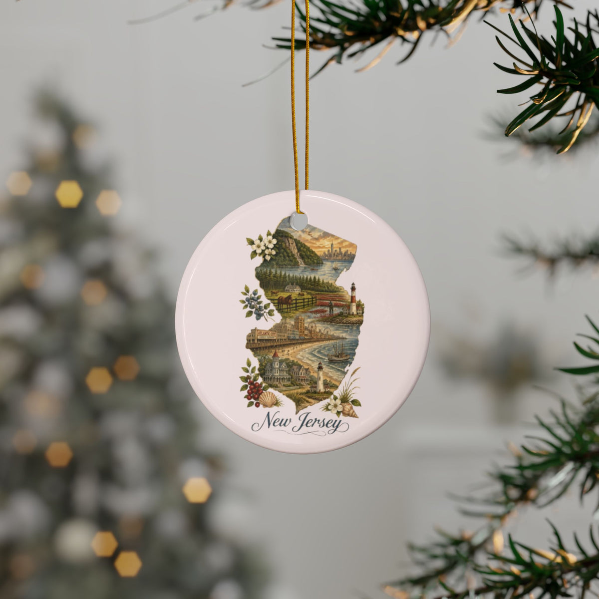 New Jersey State Map Illustration Ceramic Ornament | Round Holiday Decoration - 2.99" Includes Gold String