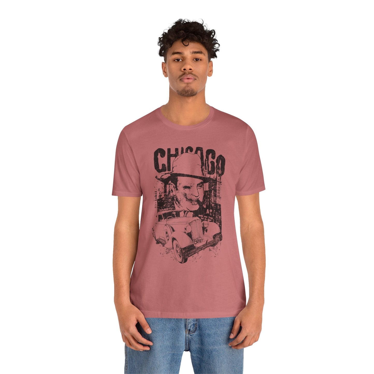 Chicago Retro Mobster Illustration Tee Vintage Car Cityscape Art Design T-Shirt A-8