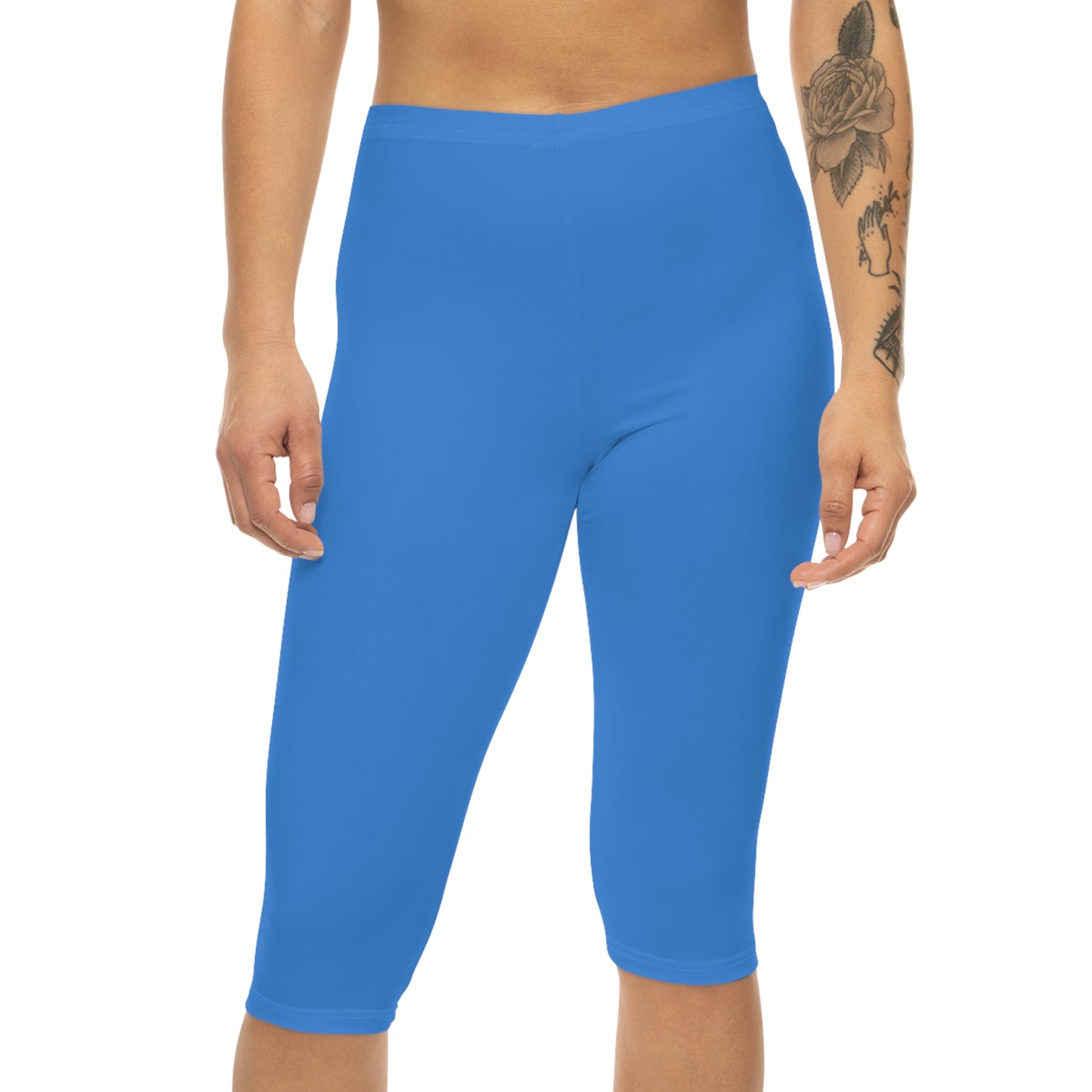Bright Ocean Blue Color Women's Brushed Suede Poly Span Casual Capri Leggings XS-2XL