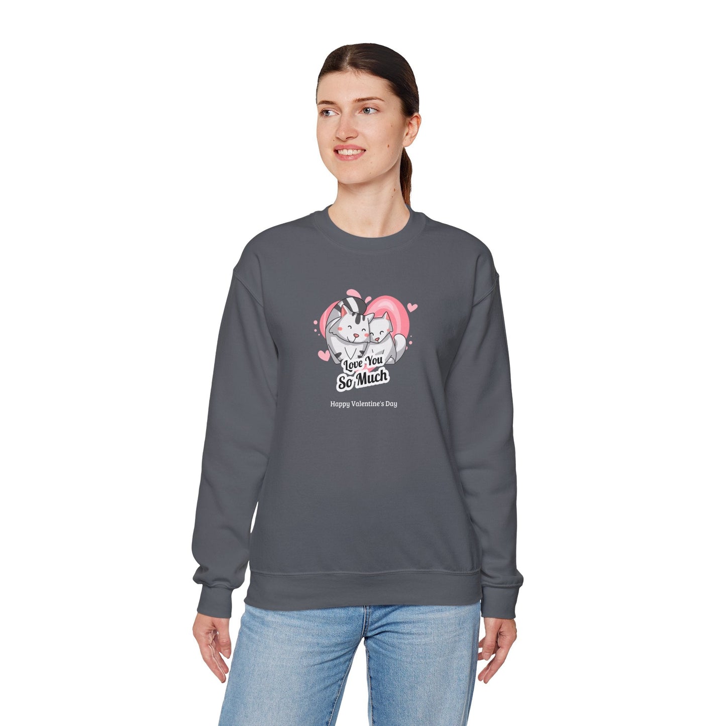 Cat Heart Sweatshirt Valentines Day Unisex 50 50 Cotton Poly Crewneck Gildan 18000