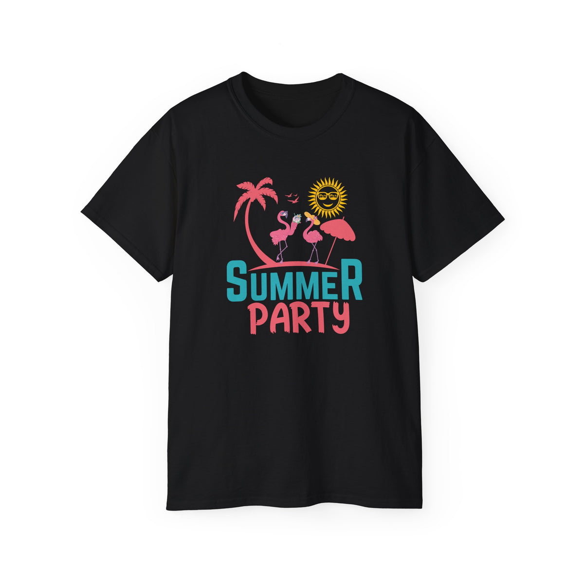 Summer Party Flamingo Tee | Tropical Palms Sun Retro Graphic