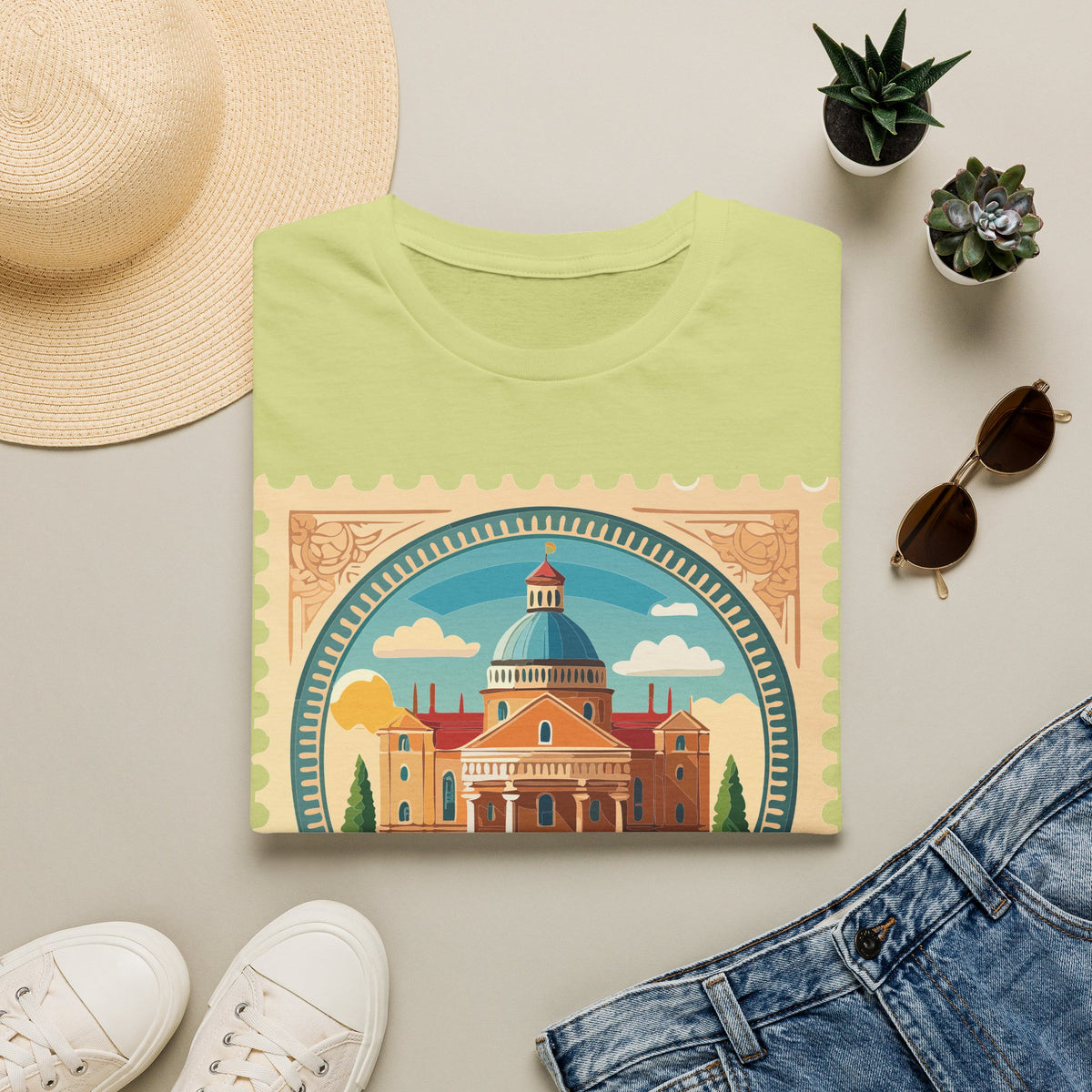 Vintage Postage Stamp Cityscape T-Shirt | Retro Basilica Graphic Tee Unisex 100 Cotton Gildan T-Shirt