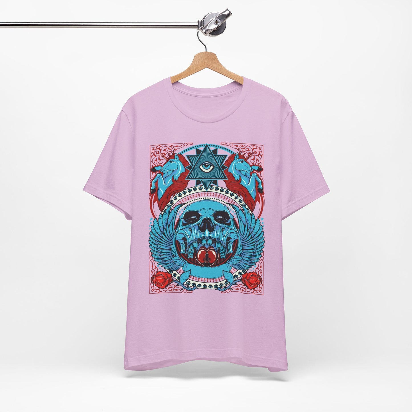 All-Seeing Skull Illustration Tee Winged Skull Third Eye Roses T-Shirt
