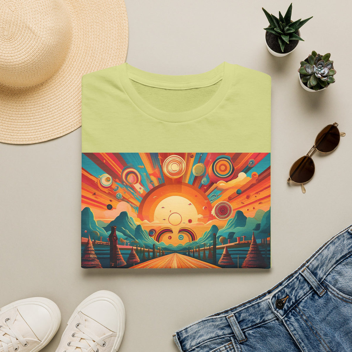 Retro Sunburst Road Trip Graphic Posters, Post Stamps Design Unisex 100 Cotton Gildan T-Shirt