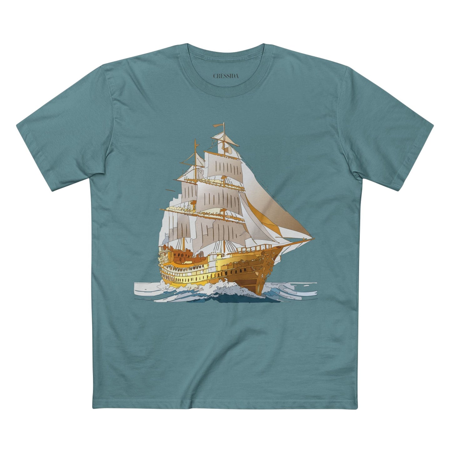 Ship Graphic Unisex 100 Cotton T-Shirt with Gold Frigate Art Design 22
