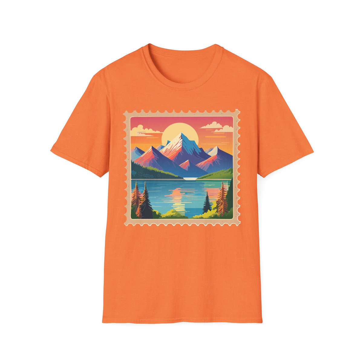 Vintage Mountain Sunset postage stamp T-Shirt | retro travel landscape