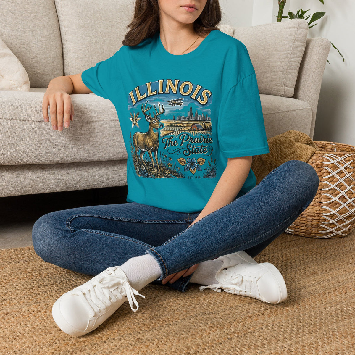 Illinois The Prairie State T-Shirt — Deer & Skyline Vintage Travel Tourist Graphic Tee Unisex 100 Cotton Gildan T-Shirt