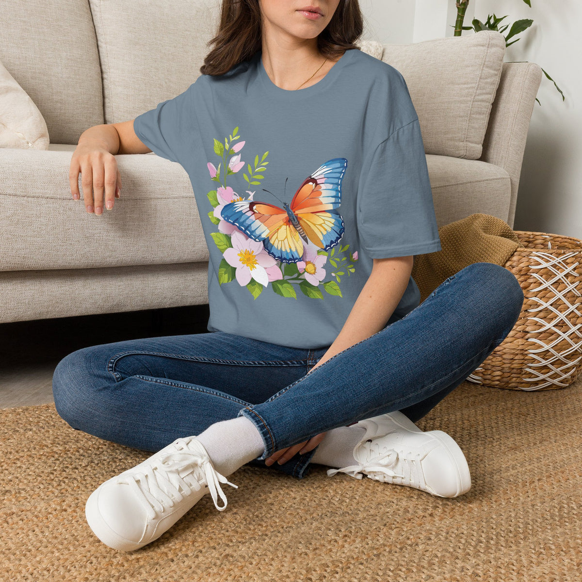 Butterfly Floral T-Shirt — Watercolor Orange & Blue Butterfly on Blossoms Graphic Design Unisex 100 Cotton Gildan T-Shirt