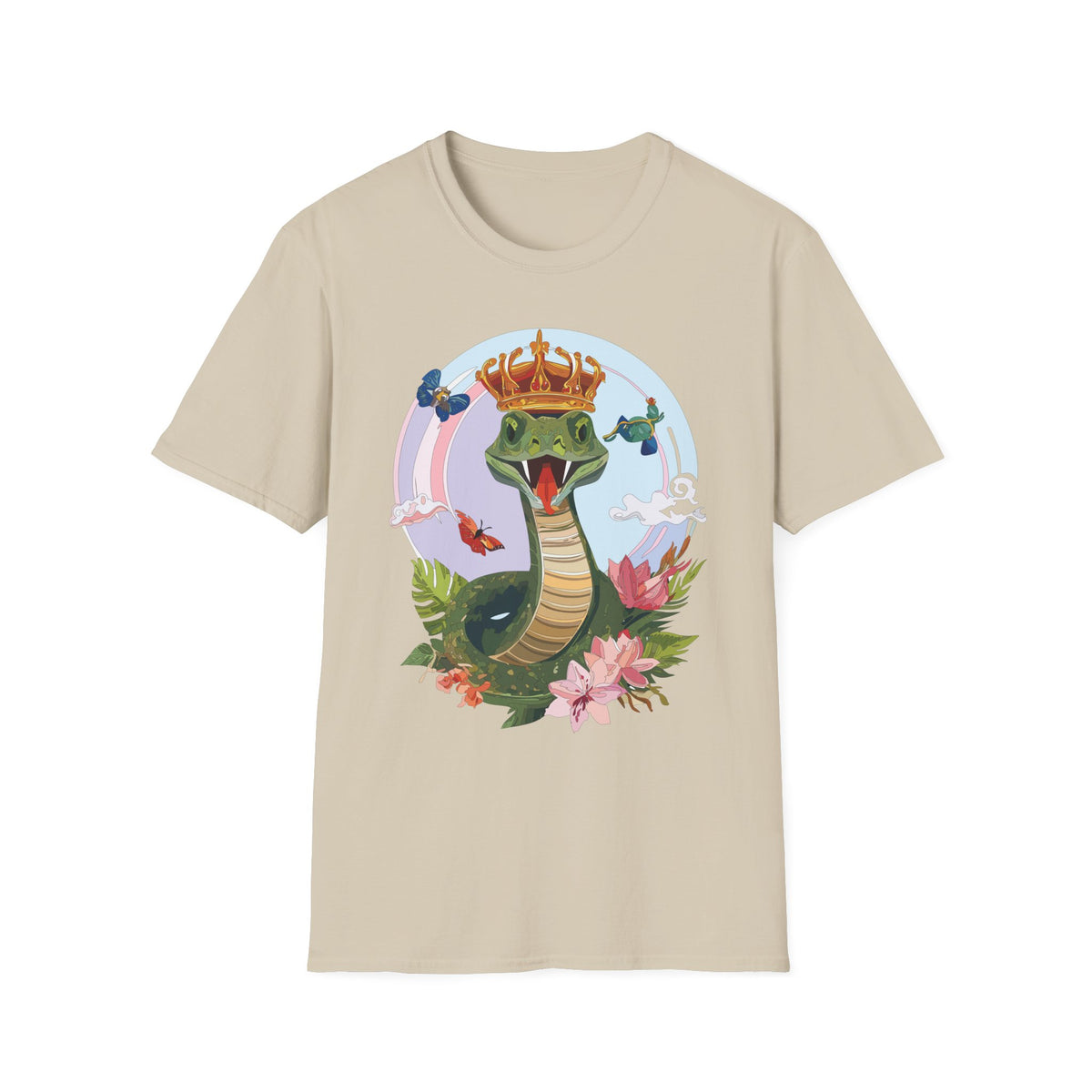 Crowned Snake Illustration T-Shirt | Regal Snake with Crown and Butterflies