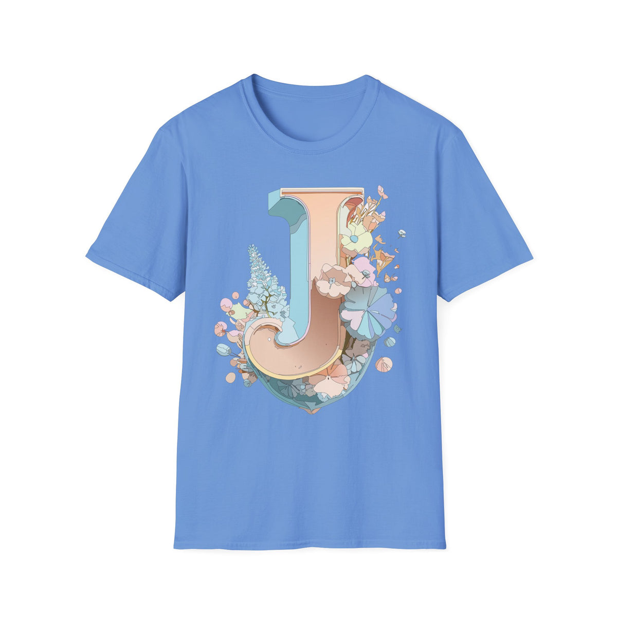 Floral Letter J T-Shirt | Monogram Initial Tee, Pastel Botanical Typography