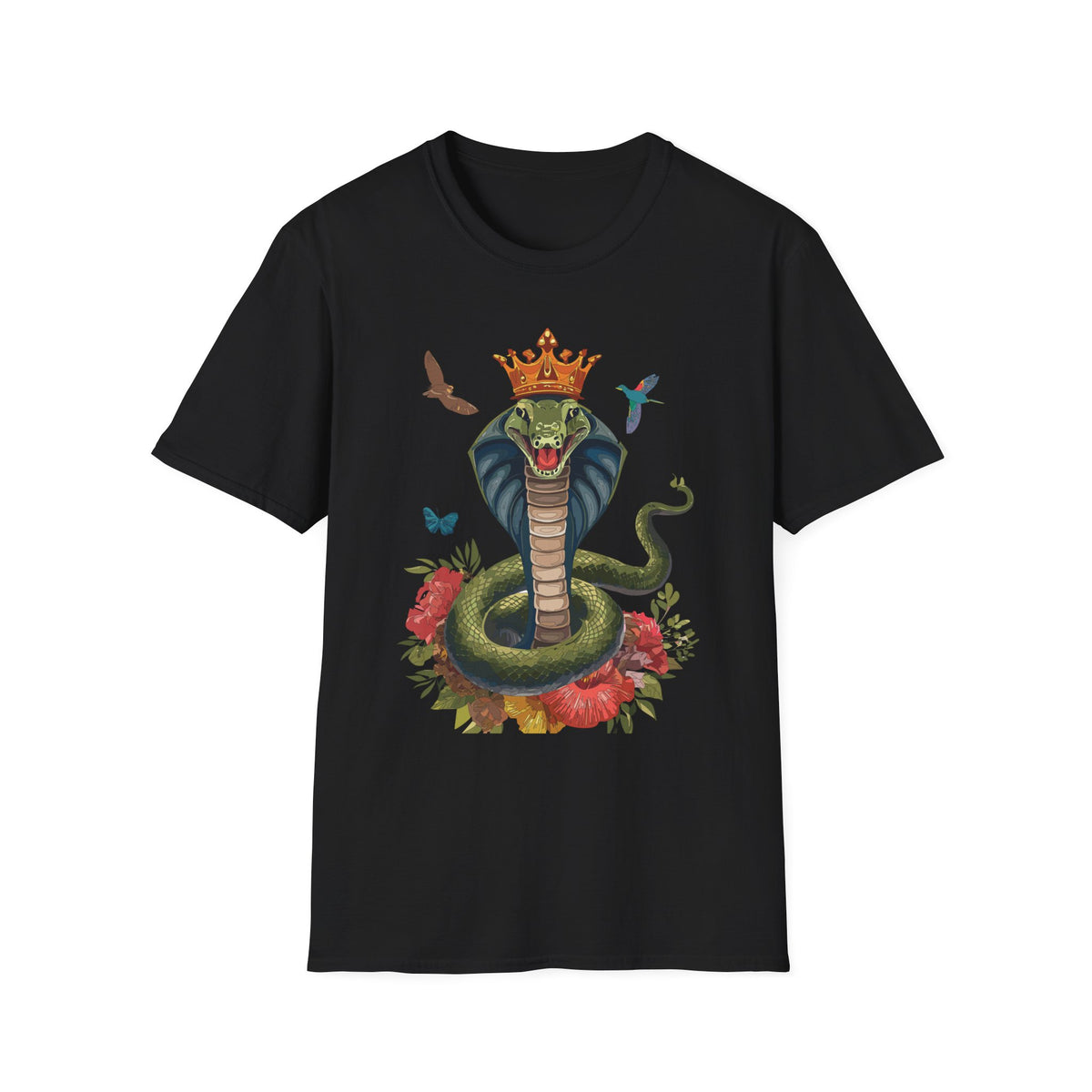 Crowned King Cobra Shirt | Snake Illustration, Floral Accents, Wildlife