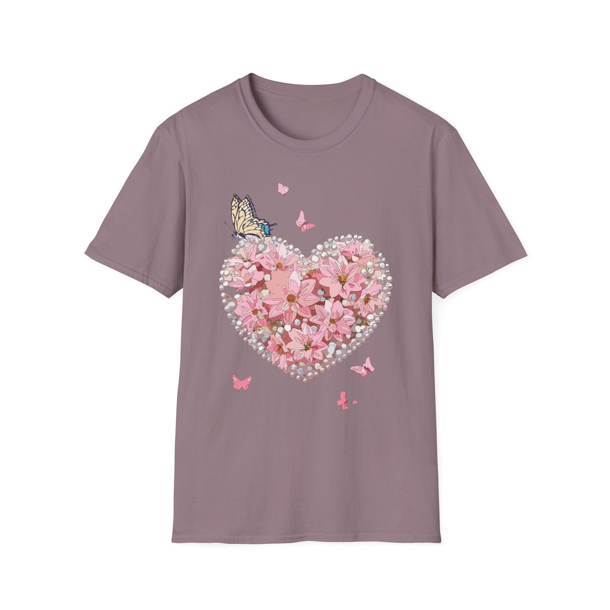 Pink Floral Heart with Butterfly T-Shirt | Spring Floral Graphic Tee Unisex 100 Cotton Gildan T-Shirt