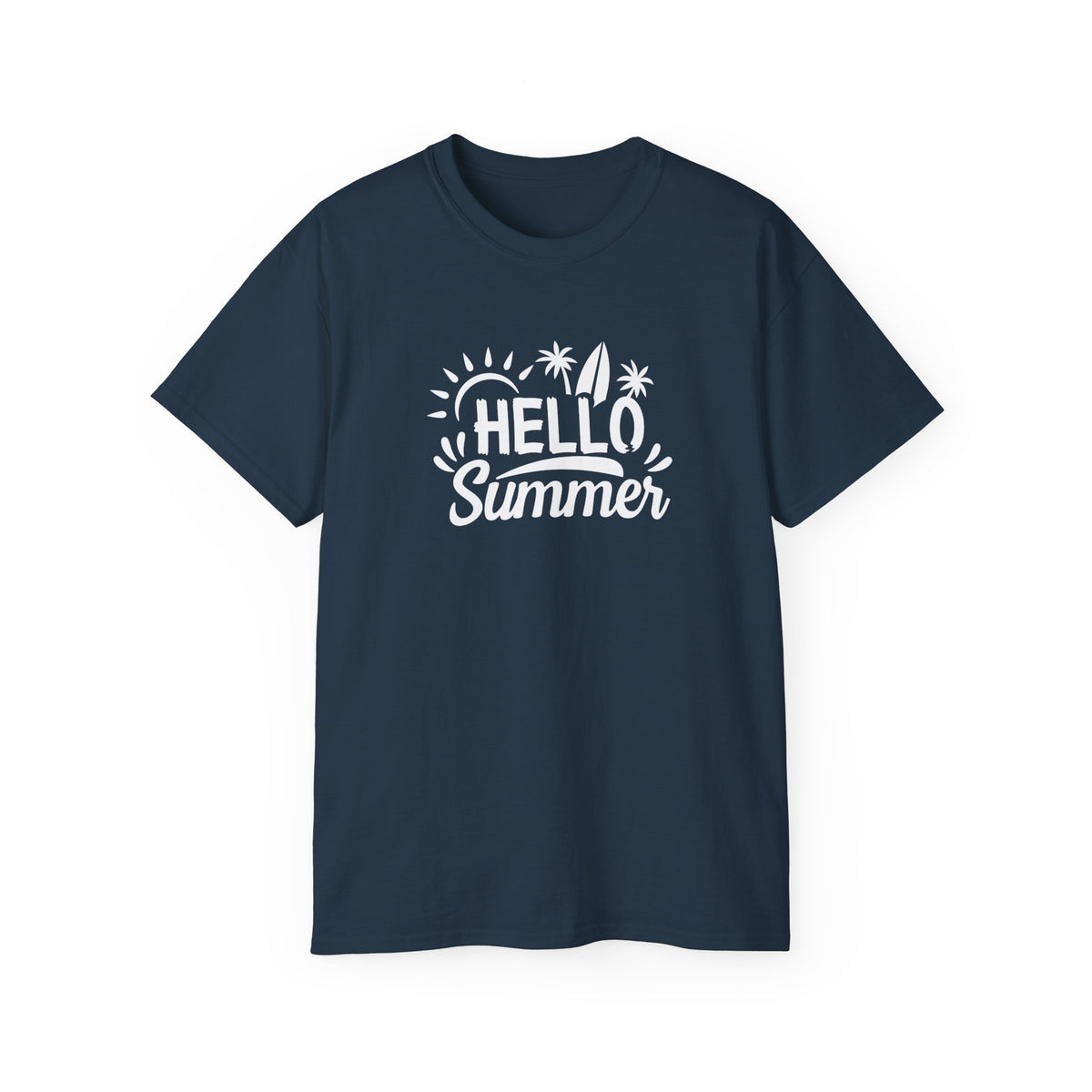 Hello Summer surfboard palm trees T-Shirt | Summer beach graphic tee