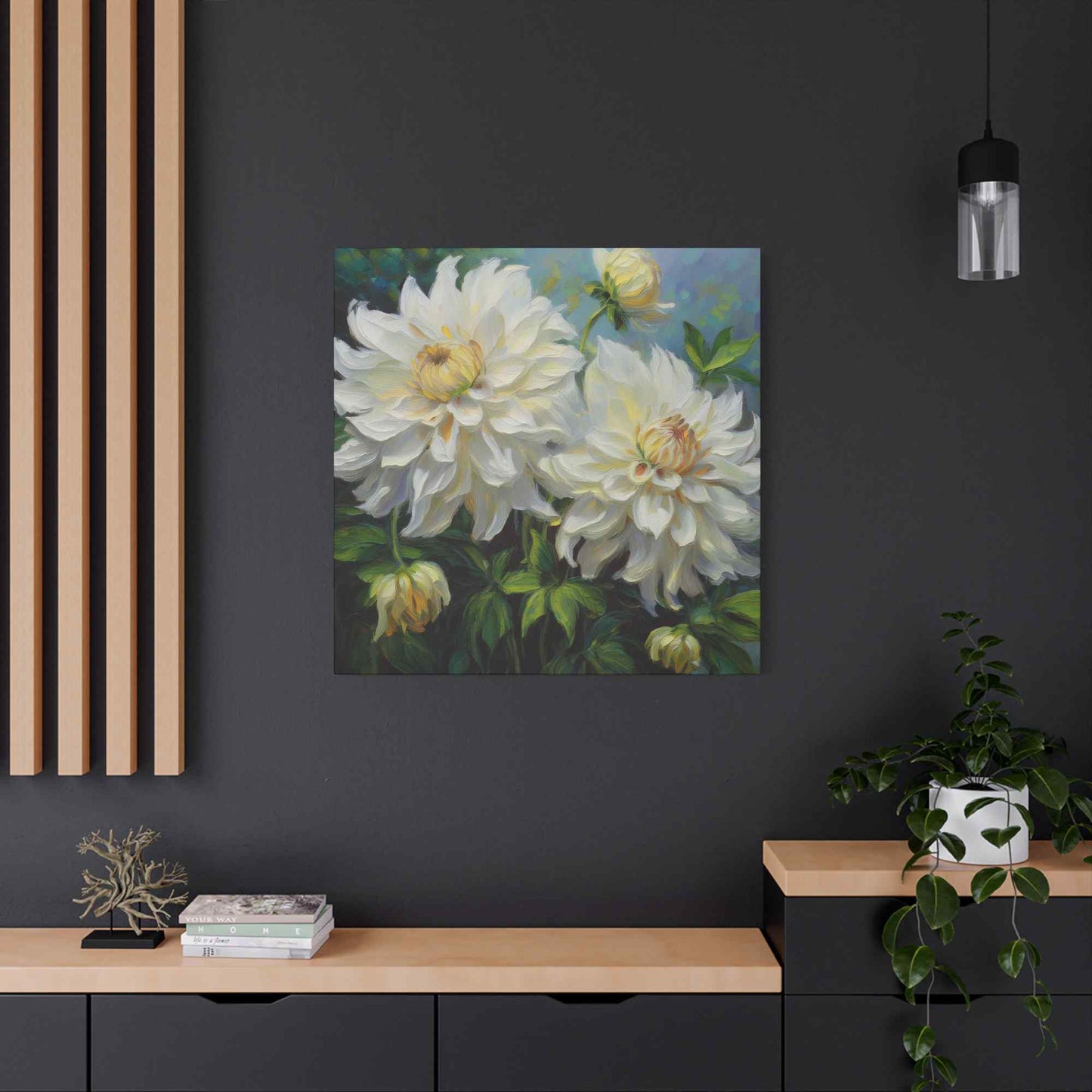 White Dahlias Print Canvas, Floral Oil Paint Print 20x20, 24x24, 30x30, 32x32, 36x36 Art Design Pine-Wood Inner Frame MC-170