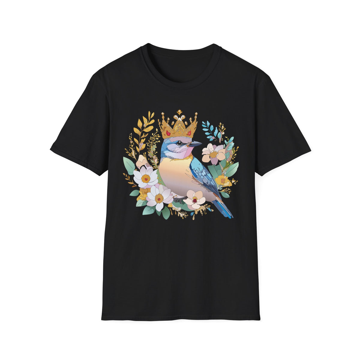 Crowned Bluebird Illustration T-Shirt | Floral Bird Crown Design