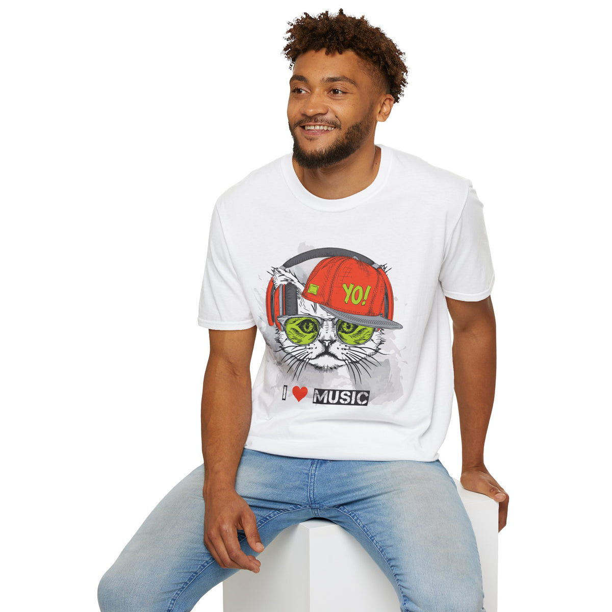 Cat DJ T-Shirt Unisex Cotton Short Sleeves I Love Music Graphic Tee