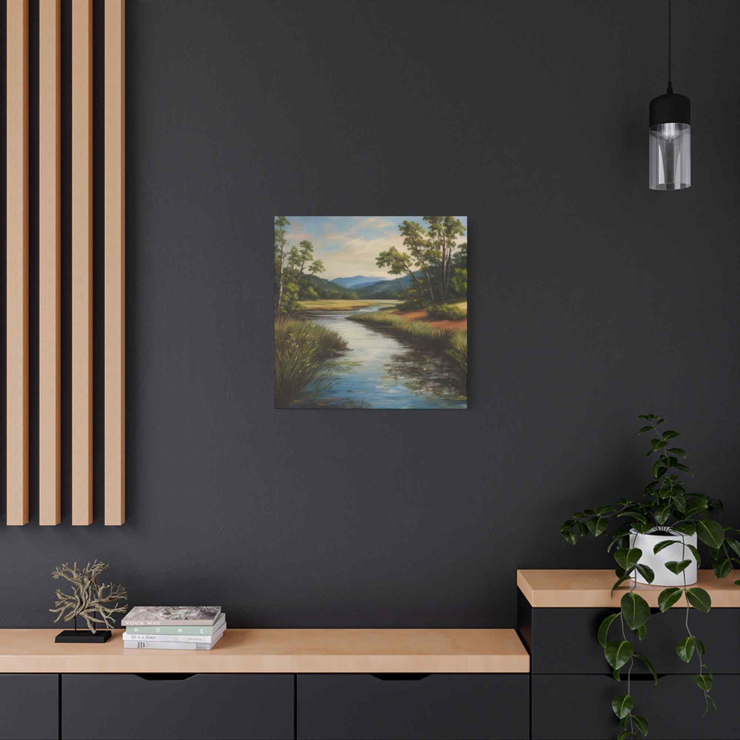 River Print Canvas, Landscape Oil Paint Print 20x20, 24x24, 30x30, 32x32, 36x36 Art Design Print Pine-Wood Inner Frame MC-50
